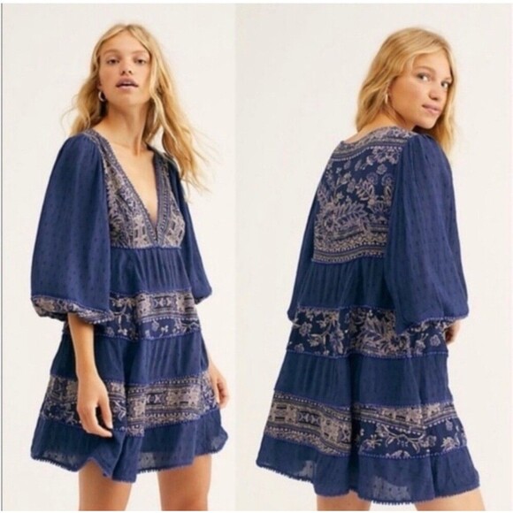Free People My Love Mini Womens Dress Navy Blue Indigo Floral Boho Size XS - Picture 1 of 10